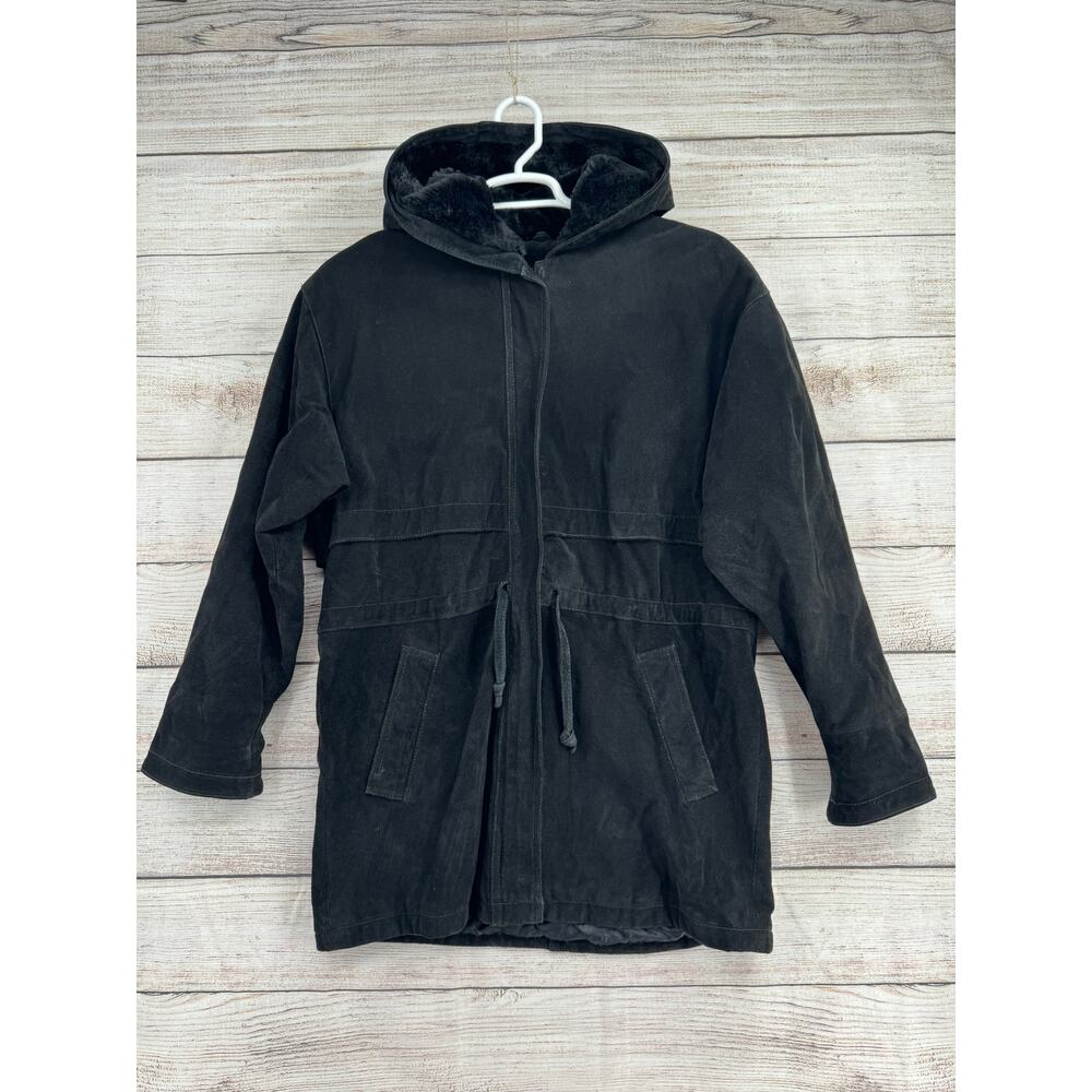 Wilsons Leather Suede Hooded Overcoat Womens Medium Black Faux Fur‎ Lined
